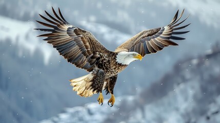 Obraz premium A majestic bald eagle with wings spread wide soars through the snowy sky.