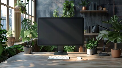 Fototapeta premium A modern workspace with a black computer monitor, keyboard, and mouse on a wooden desk, surrounded by lush greenery.