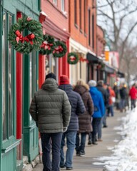 People Walking in Snowy Street with Holiday Decor
