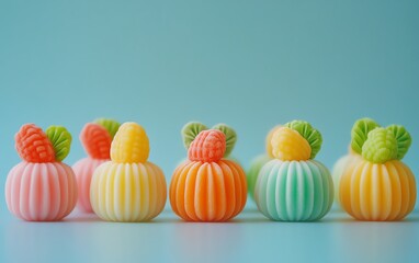 Delicate marzipan sweets with vibrant colors, minimalistic presentation, and clean background for copy space