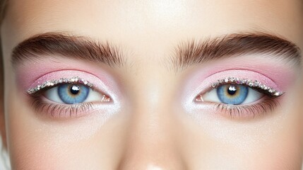 Naklejka premium Glittery pink eye makeup with bold brows and blue eyes