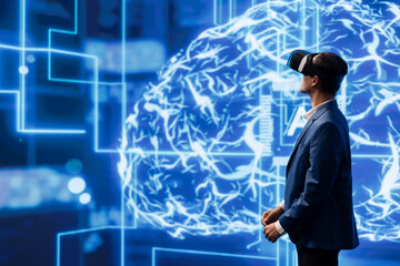 IT professional using VR headset, programming artificial intelligence computing simulating human...