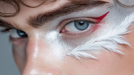 Close-up of artistic makeup with metallic eyeshadow and feather detail on blue eyes