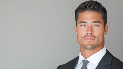 Confident businessman in suit against gray background