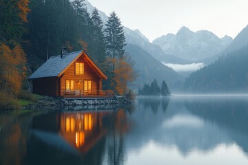 Fototapeta premium Serene mountain lake cabin at sunrise, warm golden light illuminating a cozy lakeside cabin with clear reflection in still water, surrounded by evergreen trees, capturing peaceful solitude in nature