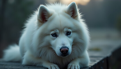 Naklejka premium Relaxed samoyed lying on ground outdoors samoyed