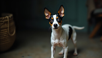  Jack russell terrier standing alert in dimly lit setting jack russell