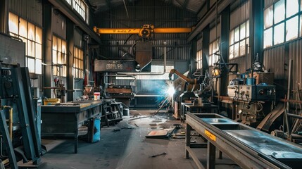 Industrial Workshop with Sparks Flying During Metalworking