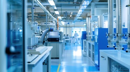 A View of a Modern Scientific Laboratory with Equipment and a Single Figure in the Distance