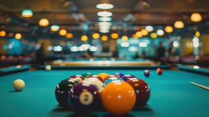 A Group of Billiard Balls on a Pool Table with a Cue Stick in the Foreground