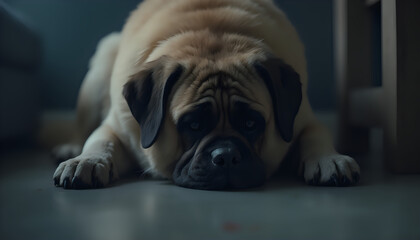 Fototapeta premium Pug Dog Lying Indoors Looking Relaxed