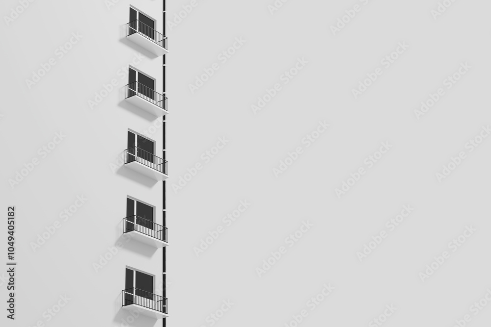 Poster Modern Architecture and Simplicity Concept. Minimalist Building Facade Featuring a Vertical Row of Balconies. 3d Rendering