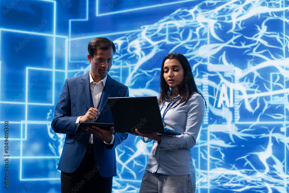 Poster ai researcher and colleague working with artificial intelligence neural networks modern lab. compute