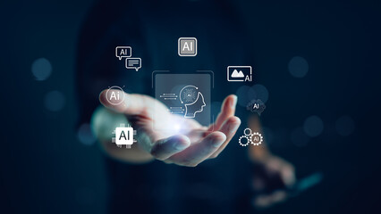 Chatbot Chat with AI, Artificial Intelligence. man using technology smart robot AI, artificial intelligence by enter command prompt for generates something, Futuristic technology transformation.