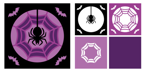 Vector layered paper cut Halloween design with spider. 3D shadow box or tunnel card. Template for paper cutting