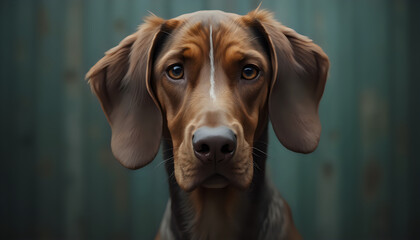 Large bloodhound with long ears sitting indoors, close-up view, gentle expression