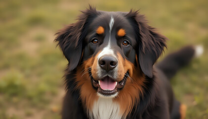 Bernese Mountain Dog standing in field with content expression, outdoors