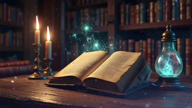 A magic spell book is open on the fairytale witch's desk. Seamless 4K looping timelapse video animation background