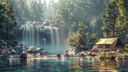 Fototapeta premium A serene campsite nestled by a cascading waterfall in a lush forest, with a tent, table, and chairs, bathed in the soft glow of morning sunlight.