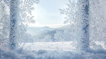 Fototapeta premium Frosty Windowpane Revealing a Snow-Covered Winter Landscape