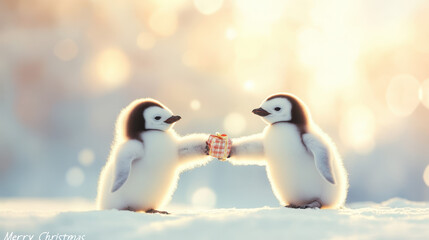 Fototapeta premium Two adorable penguin chicks exchanging small gift in snowy landscape, capturing joy and warmth of holiday season. Their playful interaction brings sense of happiness and festive spirit