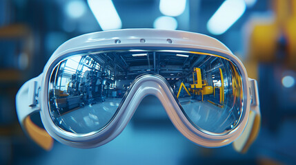 A pair of goggles with a blue reflection in the lens