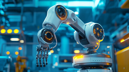 A robot with a white body and orange hands is standing in a room