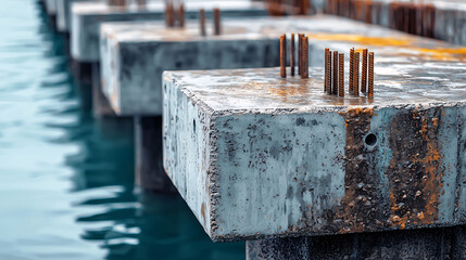 A row of concrete blocks with rusty holes in them are sitting in the water