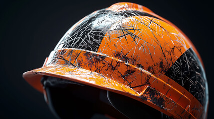A worn out orange and black hard hat with a black stripe