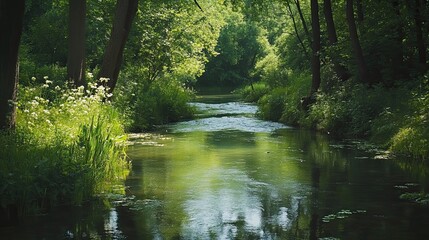A tranquil stream flows through a lush green forest, dappled sunlight illuminating the water and foliage.
