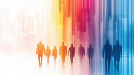 group of business professionals walking towards vibrant city skyline, with colorful vertical lines creating dynamic atmosphere. image conveys sense of progress and teamwork