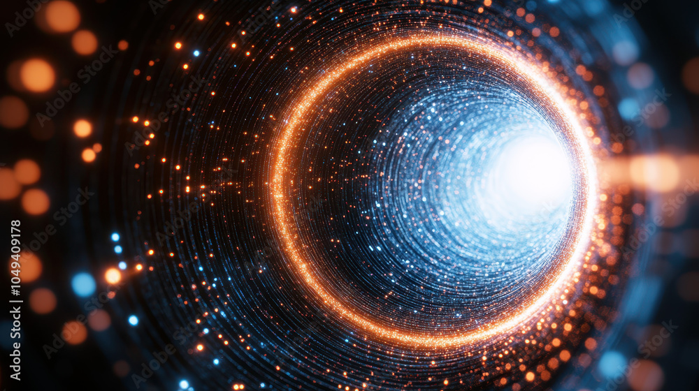 Wall mural mesmerizing cosmic tunnel of light, featuring vibrant orange and blue particles swirling in circular