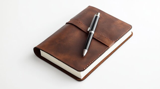 Elegant leather notebook and pen on clean background for professional use and personal notes