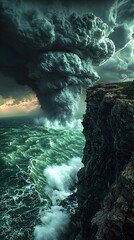 Obraz premium A dramatic seascape featuring turbulent waves crashing against a rugged cliff, with a massive storm cloud forming ominously above the ocean, creating an intense and moody atmosphere.