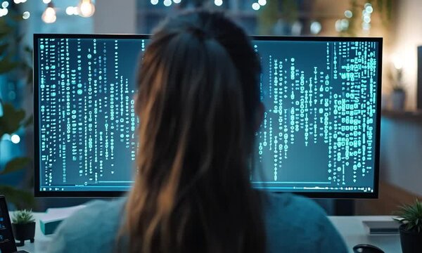 A woman working on a computer with code displayed on the screen.