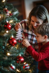 Hand putting on decoration ornament on Christmas tree.