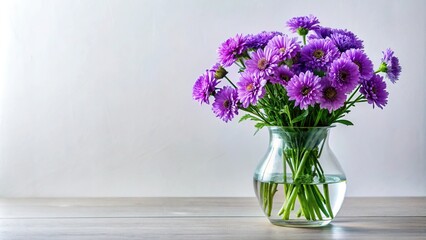 Fototapeta premium An arrangement of fresh purple flowers in a modern glass vase on a simple background, bouquet, modern, purple flowers, arrangement, home decor