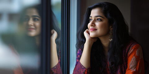 beautiful young Indian successful businesswoman thinking about the future. Inclusion and diversity at work. Image of inclusive lesbian entrepeneur business woman in the office l