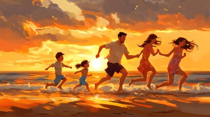 Fototapeta premium Family bonding at sunset on the beach, enjoying a playful run through the waves.