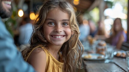 Fototapeta premium A young girl with long brown hair smiles at the camera while sitting at a table in a cafe with her family.