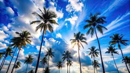 Silhouetted palm trees against a bright blue sky with white clouds, tropical landscape, serene landscape