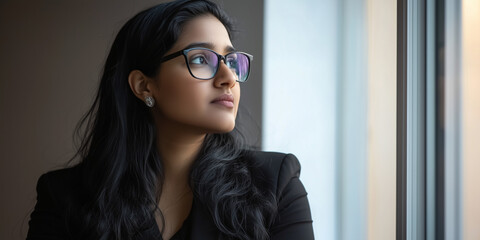 beautiful young Indian successful businesswoman thinking about the future. Inclusion and diversity at work. Image of inclusive lesbian entrepeneur business woman in the office l