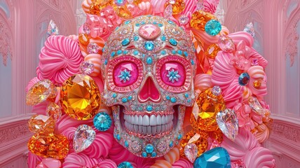 Fototapeta premium Colorful skull adorned with gems and sweets, vibrant artistic representation.