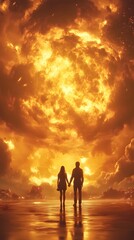 Fototapeta premium Silhouette of a couple holding hands against a fiery sunset backdrop.