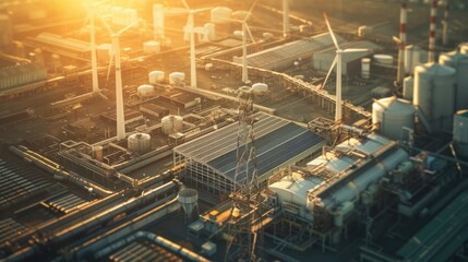 Fototapeta premium Aerial View of an Industrial Complex with Wind Turbines and Solar Panels