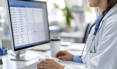 Health practitioner: physician focused on computer tasks, managing patient information, leveraging software for effective decision making, essential role of technology in improving medical practices.
