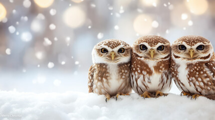 Three adorable owls perched on snowy surface, surrounded by soft, dreamy bokeh effect. Their expressive eyes and fluffy feathers create charming winter scene