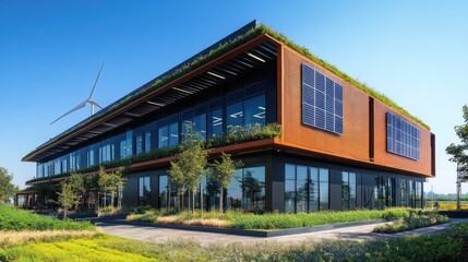 Obraz premium Modern eco-friendly office building with solar panels and wind turbine, surrounded by greenery.