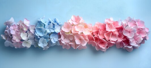 Blue, white and pink Hydrangea flowers flat lay with copy space, Hortensia flower background