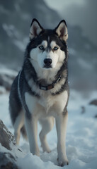 Naklejka premium Siberian Husky standing alert in snowy landscape, majestic and strong